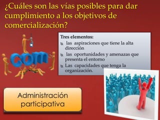 ¿Cuáles son las vías posibles para dar
cumplimiento a los objetivos de
comercialización?
               Tres elementos:
                las aspiraciones que tiene la alta
                 dirección
                las oportunidades y amenazas que
                 presenta el entorno
                Las capacidades que tenga la
                 organización.
 