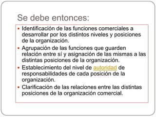 Se debe entonces:
 Identificación de las funciones comerciales a
  desarrollar por los distintos niveles y posiciones
  de la organización.
 Agrupación de las funciones que guarden
  relación entre sí y asignación de las mismas a las
  distintas posiciones de la organización.
 Establecimiento del nivel de autoridad de
  responsabilidades de cada posición de la
  organización.
 Clarificación de las relaciones entre las distintas
  posiciones de la organización comercial.
 