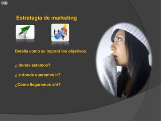 Estrategia de marketing




Detalla como se logrará los objetivos.


¿ donde estamos?

¿ a donde queremos ir?

¿Cómo llegaremos ahí?
 