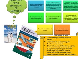 CARACTERIS
                                                                                                  Se requiere una estrecha
   TICAS                                               Su comercialización implica un
                                                                                              coordinación e integración entre
             El servicio es personalizado y por       proceso de producción consumo
                                                                                              los factores humanos y técnicos
ESCLUSIVAS      tanto tiene una fuerte carga          donde el cliente compra todos los
                                                                                              de la empresa porque el servicio
                         emocional.                   elementos que integran la mezcla
                                                                                               mejor diseñado puede fracasar
     DE                                                         de Marketing.
                                                                                              en el momento de su prestación.
 SERVICIOS

                                                                                                   La competencia es más
                 El cliente interviene en la          El servicio puede ser modificado           turbulenta que en el sector
                 elaboración del servicio.                    casi infinitamente.            productivo debido a la rapidez de
                                                                                                los cambios en este sector.




                                  Comercializar sin definir bien el         Comercializar sin abordar
                                             producto                      particularidades territoriales.



                                                                  Caso: Santiago de Cuba
                                                      Diseño e integralidad del producto
                                                       turístico.
                                                      Centralización en las principales
                                                       decisiones comerciales.
                                                      Acceso aéreo a la ciudad que se expresa
                                                       en pocos vuelos directos a la ciudad
                                                      Insuficiente información para la
                                                       comercialización conocimiento del
                                                       producto por parte de los Turoperadores.
 