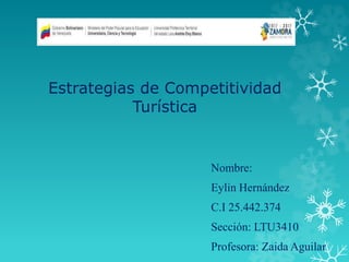 Estrategias de Competitividad
Turística
Nombre:
Eylin Hernández
C.I 25.442.374
Sección: LTU3410
Profesora: Zaida Aguilar
 
