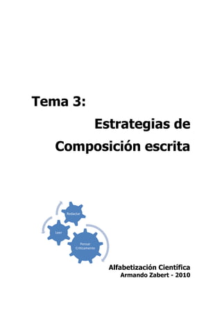 Tema 3:
                          Estrategias de
   Composición escrita



          Redactar




   Leer


                  Pensar
               Criticamente




                              Alfabetización Científica
                                 Armando Zabert - 2010
 