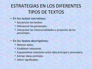 ESTRATEGIAS EN LOS DIFERENTES TIPOS DE TEXTOS En los  textos narrativos : Secuenciar los hechos. Diferenciar los personajes. Interpretar las intencionalidades o proyectos de los personajes. En los  textos descriptivos : Retener datos. Establecer relaciones. Esquematizar relaciones entre idea principal y secundaria. Extraer ideas centrales. Inferir significados. 