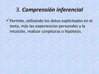 3.  Comprensión inferencial Permite, utilizando los datos explicitados en el texto, más las experiencias personales y la intuición, realizar conjeturas o hipótesis. 