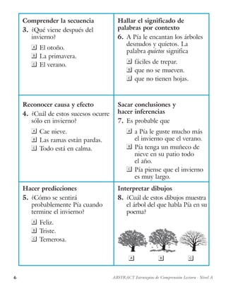 4· ABSTRACT Estrategias de Comprensión Lectora · Nivel A
Comprender la secuencia
3.	 ¿Qué viene después del
invierno?
a	El otoño.
b	La primavera.
c	El verano.
Hallar el significado de
palabras por contexto
6.	 A Pía le encantan los árboles
desnudos y quietos. La
palabra quietos significa
a	fáciles de trepar.
b	que no se mueven.
c	que no tienen hojas.
Reconocer causa y efecto
4.	 ¿Cuál de estos sucesos ocurre
sólo en invierno?
a	Cae nieve.
b	Las ramas están pardas.
c	Todo está en calma.
Sacar conclusiones y
hacer inferencias
7.	 Es probable que
a	a Pía le guste mucho más
el invierno que el verano.
b	Pía tenga un muñeco de
nieve en su patio todo
el año.
c	Pía piense que el invierno
es muy largo.
Hacer predicciones
5.	 ¿Cómo se sentirá
probablemente Pía cuando
termine el invierno?
a	Feliz.
b	Triste.
c	Temerosa.
Interpretar dibujos
8.	 ¿Cuál de estos dibujos muestra
el árbol del que habla Pía en su
poema?
	a    b    c	
 
