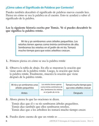 8· ABSTRACT Estrategias de Comprensión Lectora · Nivel A
¿Cómo sabes el Significado de Palabras por Contexto?
Puedes también descubrir el significado de palabras nuevas cuando lees.
Piensa en cómo se usa la palabra en el cuento. Esto te ayudará a saber el
significado de la palabra.
Lee la siguiente historia escrita por Tomás. Ve si puedes descubrir lo
que significa la palabra retoño.
Mi tío y yo sembramos unos árboles pequeñitos. Los
retoños tienen apenas como treinta centímetros de alto.
Sembramos los retoños en el jardín de mi tío. Tomará
mucho tiempo para que estos arbolitos crezcan.
1.	 Primero piensa en cómo se usa la palabra retoño
2. Observa la tabla de abajo. En ella se muestran la oración que
viene antes de la palabra retoño. Luego, la oración que tiene
la palabra retoño. Finalmente, muestra la oración que viene
después de la palabra retoño.
Mi tío y yo sembramos unos
árboles pequeñitos
Los retoños tienen apenas
como treinta centímetros de
alto. Sembramos los retoños
en el jardín de mi tío
Tomará mucho tiempo para
que estos arbolitos crezcan
Antes Después
3.	 Ahora piensa lo que las oraciones te dicen.
Tomás dice que él y su tío sembraron árboles pequeñitos.
Tomás dice también que ellos sembraron retoños.
Tomás dice que a los arbolitos les tomará mucho tiempo crecer.
4.	 Puedes darte cuenta de que un retoño es .
 