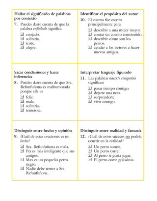Hallar el significado de palabras
por contexto
7.	 Puedes darte cuenta de que la
palabra enfadado significa
a	enojado.
B	solitario.
C	triste.
D	alegre.
Identificar el propósito del autor
10.	 El cuento fue escrito
principalmente para
a	 describir a una mujer mayor.
B	 contar un cuento entretenido.
C	 describir cómo son los
perros.
D	 ayudar a los lectores a hacer
nuevos amigos.
Sacar conclusiones y hacer
inferencias
8.	 Puedes darte cuenta de que Sra.
Refunfuñona es malhumorada
porque ella es
a	feliz.
B	mala.
C	solitaria.
D	temerosa.
Interpretar lenguaje figurado
11.	 Las palabras hacerte compañía
significan
a	 pasar tiempo contigo.
B	 dejarte una nota.
C	sorprenderte.
D	 vivir contigo.
Distinguir entre hecho y opinión
9.	 ¿Cuál de estas oraciones es un
hecho?
a	 Sra. Refunfuñona es mala.
B	 Pía es más inteligente que sus
amigos.
C	 Max es un pequeño perro
negro.
D	 Nadie debe temer a Sra.
Refunfuñona.
Distinguir entre realidad y fantasía
12.	 ¿Cuál de estos sucesos no podría
ocurrir en la realidad?
a	 Un perro sonríe.
B	 Un perro corre.
C	 Al perro le gusta jugar.
D	 El perro come golosinas.
 