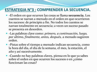 ESTRATEGIA N°3 : COMPRENDER LA SECUENCIA.
 -El orden en que ocurren las cosas se llama secuencia. Los
cuentos se narran a menudo en el orden en que ocurrieron
los sucesos: de principio a fin. No todos los cuentos se
narran totalmente en secuencia; a veces un suceso pasado
se presenta en desorden.
 -Las palabras clave como: primero, a continuación, luego,
por último, finalmente, antes, después, a menudo sugieren
orden.
 -Pistas sobre el tiempo a menudo indican secuencia, como
la hora del día, el día de la semana, el mes, la estación, el
año y así sucesivamente.
 -Cuando no hay palabras claves, piensa en lo que ya sabes
sobre el orden en que ocurren los sucesos o en ¿cómo
funcionan las cosas?
 
