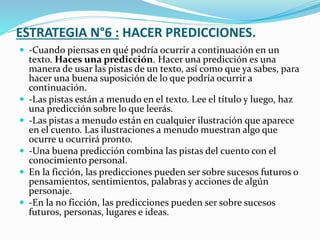 ESTRATEGIA N°6 : HACER PREDICCIONES.
 -Cuando piensas en qué podría ocurrir a continuación en un
texto. Haces una predicción. Hacer una predicción es una
manera de usar las pistas de un texto, así como que ya sabes, para
hacer una buena suposición de lo que podría ocurrir a
continuación.
 -Las pistas están a menudo en el texto. Lee el título y luego, haz
una predicción sobre lo que leerás.
 -Las pistas a menudo están en cualquier ilustración que aparece
en el cuento. Las ilustraciones a menudo muestran algo que
ocurre u ocurrirá pronto.
 -Una buena predicción combina las pistas del cuento con el
conocimiento personal.
 En la ficción, las predicciones pueden ser sobre sucesos futuros o
pensamientos, sentimientos, palabras y acciones de algún
personaje.
 -En la no ficción, las predicciones pueden ser sobre sucesos
futuros, personas, lugares e ideas.
 