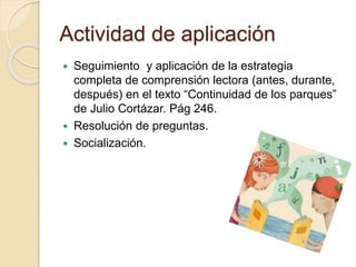 Actividad de aplicación
 Seguimiento y aplicación de la estrategia
completa de comprensión lectora (antes, durante,
después) en el texto “Continuidad de los parques”
de Julio Cortázar. Pág 246.
 Resolución de preguntas.
 Socialización.
 