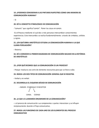 19. ¿PODEMOS CONSIDERAR A LAS PINTURAS RUPESTRES COMO UNA MANERA DE 
COMUNICACIÓN HUMANA? 
- Si 
20. DÉ EL CONCEPTO ETIMOLÓGICO DE COMUNICACIÓN 
-"comunis" que significa"común". Poner las cosas en común. 
-Es el Proceso mediante el cual dos o más personas intercambian conocimientos 
experiencias. Este intercambio se realiza fundamentalmente a través de símbolos, señales 
y signos. 
21. ¿EN QUÉ OBRA ARISTÓTELES ESTUDIA LA COMUNICACIÓN HUMANA A LA QUE 
LLAMA PERSUASIÓN? 
- Retorica 
22. DÉ A CONOCER EL PRIMER DIAGRAMA DE COMUNICACIÓN BASADO EN LA RETÓRICA 
DE ARISTÓTELES 
23. ¿POR QUÉ DECIMOS QUE LA COMUNICACIÓN ES UN PROCESO? 
- Porque involucra una serie de elemento necesarios para que se lleve a cabo. 
24. INDICA LOS DOS TIPOS DE COMUNICACIÓN GENERAL QUE SE REGISTRA 
- Verbal y no verbal. 
25. DESARROLLA EL ESQUEMA BÁSICO DE COMUNICACIÓN 
- EMISOR - MENSAJE  RECEPTOR 
CANAL CODIGO 
26. ¿A QUE LE LLAMAMOS DINAMISMO DE LA COMUNICACIÓN? 
- s el proceso de comunicación sus componentes o partes interactúan y se influyen 
recíprocamente durante el flujo comunicativo. 
27. INDICA LAS FUNCIONES DE CADA UNO DE LOS ELEMENTOS DEL PROCESO 
COMUNICATIVO 
 