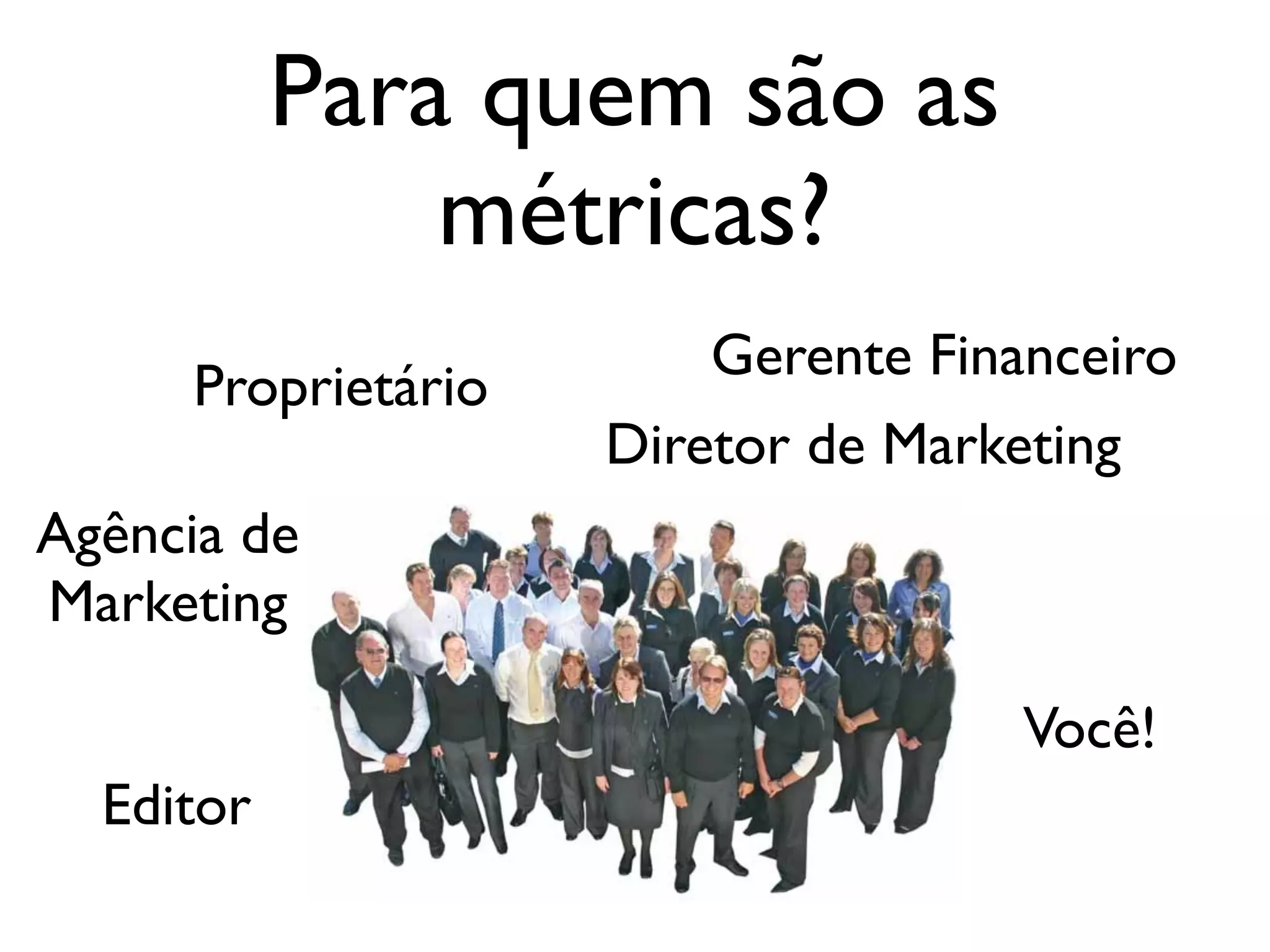 Para quem são as
métricas?
Agência de
Marketing
Você!
Diretor de Marketing
Proprietário
Gerente Financeiro
Editor
 