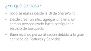 ¿En qué se basa? 
•Todo se realiza desde la UI de SharePoint. 
•Desde crear un sitio, agregar una lista, un campo personalizado hasta configurar el servicio de búsqueda. 
•Buen nivel de personalización debido a la gran cantidad de Featuresy Servicios.  