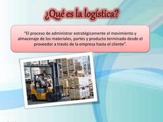 “El proceso de administrar estratégicamente el movimiento y
almacenaje de los materiales, partes y producto terminado desde el
proveedor a través de la empresa hasta el cliente”.
 
