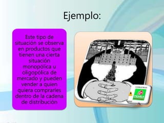 Ejemplo:
Este tipo de
situación se observa
en productos que
tienen una cierta
situación
monopólica u
oligopólica de
mercado y pueden
vender a quien
quiera comprarles
dentro de la cadena
de distribución
 