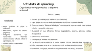 Organizados en equipo realiza la siguiente
actividad
Actividades de aprendizaje
o Hojas grandes de papel o
cartulinas
o Marcadores, lápices de colores,
pegatinas
o Imágenes recortadas que
representen diferentes
discapacidades, culturas, estilos de
aprendizaje, etc.
o Cinta adhesiva o pegamento
Instrucciones
1. Divide al grupo en equipos pequeños (4-5 personas).
2. Cada equipo recibe una cartulina y materiales para dibujar y pegar imágenes.
3. El reto es crear un "Mapa de la Inclusión" que represente cómo se puede lograr un aula
inclusiva y accesible, integrando:
o Diversidad en sus diferentes formas (capacidades, culturas, géneros, estilos,
discapacidad)
o Garantizar la accesibilidad
o Estrategias de atención a la diversidad
4. Los equipos deben elaborar su mapa, usando dibujos, palabras clave, símbolos y
recortes, mostrando cómo se ve y se siente un aula verdaderamente inclusiva.
5. Finalmente, cada grupo presenta su mapa explicando sus ideas y propuestas.
Materiales
 