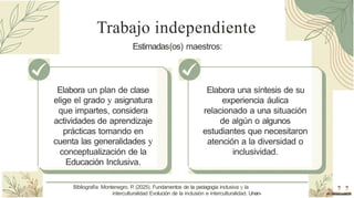 Trabajo independiente
Estimadas(os) maestros:
Elabora un plan de clase
elige el grado y asignatura
que impartes, considera
actividades de aprendizaje
prácticas tomando en
cuenta las generalidades y
conceptualización de la
Educación Inclusiva.
Elabora una síntesis de su
experiencia áulica
relacionado a una situación
de algún o algunos
estudiantes que necesitaron
atención a la diversidad o
inclusividad.
, ,
Bibliografía: Montenegro, P
. (2025). Fundamentos de la pedagogía inclusiva y la
interculturalidad Evolución de la inclusión e interculturalidad. Unan-
 