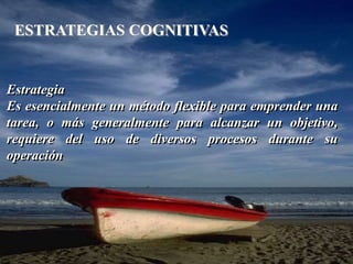 ESTRATEGIAS COGNITIVAS 
Estrategia 
Es esencialmente un método flexible para emprender una 
tarea, o más generalmente para alcanzar un objetivo, 
requiere del uso de diversos procesos durante su 
operación 
 