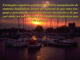 Estrategias cognitivas orientadas hacia la manipulación de 
símbolos lingüísticos: parten del supuesto de que entre len-guaje 
y pensamiento existe una fuerte vinculación y de que 
, por tanto, un uso correcto de los símbolos lingüísticos ayu-da 
a pensar. 
 