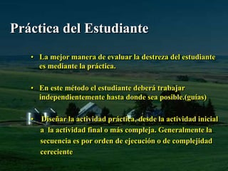 Práctica del Estudiante 
• La mejor manera de evaluar la destreza del estudiante 
es mediante la práctica. 
• En este método el estudiante deberá trabajar 
independientemente hasta donde sea posible.(guías) 
• Diseñar la actividad práctica, desde la actividad inicial 
a la actividad final o más compleja. Generalmente la 
secuencia es por orden de ejecución o de complejidad 
cereciente 
 