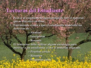 Lecturas del Estudiante 
• Provee al estudiante la oportunidad de leer el material 
que se discutirá en clase. 
• Este método ayuda a que el estudiantes desarrolle las 
destrezas de : 
» Analizar 
» Interpretar 
» Resumir 
• El instructor debe utilizar alguna estrategia para 
motivar a los estudiantes a leer el material asignado. 
» Pruebas cortas 
» Resumen 
» Preguntas guías 
 