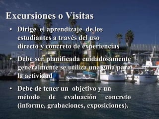 Excursiones o Visitas 
• Dirige el aprendizaje de los 
estudiantes a través del uso 
directo y concreto de experiencias 
• Debe ser planificada cuidadosamente 
generalmente se utiliza una guía para 
la actividad 
• Debe de tener un objetivo y un 
método de evaluación concreto 
(informe, grabaciones, exposiciones). 
 