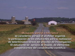 •Búsqueda parcial o heurística: 
se caracteriza porque el profesor organiza 
la participación de los estudiantes para la realización 
de determinadas tareas del proceso de investigación. 
El estudiante se apropia de etapas, de elementos 
independientes del conocimiento científico. 
 