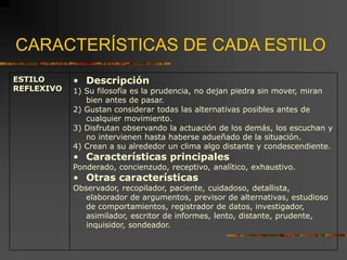 ESTILO
REFLEXIVO
• Descripción
1) Su filosofía es la prudencia, no dejan piedra sin mover, miran
bien antes de pasar.
2) Gustan considerar todas las alternativas posibles antes de
cualquier movimiento.
3) Disfrutan observando la actuación de los demás, los escuchan y
no intervienen hasta haberse adueñado de la situación.
4) Crean a su alrededor un clima algo distante y condescendiente.
• Características principales
Ponderado, concienzudo, receptivo, analítico, exhaustivo.
• Otras características
Observador, recopilador, paciente, cuidadoso, detallista,
elaborador de argumentos, previsor de alternativas, estudioso
de comportamientos, registrador de datos, investigador,
asimilador, escritor de informes, lento, distante, prudente,
inquisidor, sondeador.
CARACTERÍSTICAS DE CADA ESTILO
 