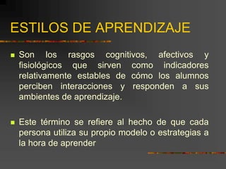 ESTILOS DE APRENDIZAJE
 Son los rasgos cognitivos, afectivos y
fisiológicos que sirven como indicadores
relativamente estables de cómo los alumnos
perciben interacciones y responden a sus
ambientes de aprendizaje.
 Este término se refiere al hecho de que cada
persona utiliza su propio modelo o estrategias a
la hora de aprender
 