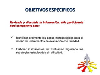 OBJETIVOS ESPECIFICOSOBJETIVOS ESPECIFICOS
Revisada y discutida la información, el/la participanteRevisada y discutida la información, el/la participante
será competente para:será competente para:
 Identificar oralmente los pasos metodológicos para elIdentificar oralmente los pasos metodológicos para el
diseño de instrumentos de evaluación con facilidad.diseño de instrumentos de evaluación con facilidad.
 Elaborar instrumentos de evaluación siguiendo lasElaborar instrumentos de evaluación siguiendo las
estrategias establecidas sin dificultadestrategias establecidas sin dificultad..
 