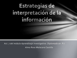 Act. 7 del módulo Aprendizaje investigativo. Diplomado en P.I:
Alma Rosa Malacara Castillo
 