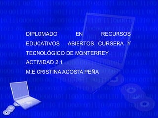 DIPLOMADO EN RECURSOS 
EDUCATIVOS ABIERTOS CURSERA Y 
TECNOLÓGICO DE MONTERREY 
ACTIVIDAD 2.1 
M.E CRISTINA ACOSTA PEÑA 
 