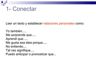 1- Conectar
Leer un texto y establecer relaciones personales como:
Yo también.....
Me sorprende que.....
Aprendí que.....
Me gusta esa idea porque.....
No entiendo....
Tal vez signifique....
Puedo anticipar o pronosticar que...
 