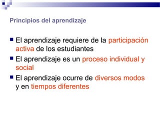 Principios del aprendizaje
 El aprendizaje requiere de la participación
activa de los estudiantes
 El aprendizaje es un proceso individual y
social
 El aprendizaje ocurre de diversos modos
y en tiempos diferentes
 