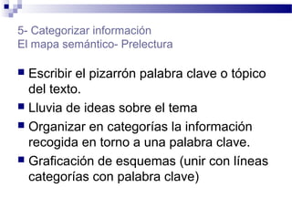5- Categorizar información
El mapa semántico- Prelectura
 Escribir el pizarrón palabra clave o tópico
del texto.
 Lluvia de ideas sobre el tema
 Organizar en categorías la información
recogida en torno a una palabra clave.
 Graficación de esquemas (unir con líneas
categorías con palabra clave)
 
