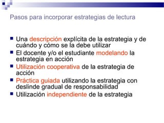 Pasos para incorporar estrategias de lectura
 Una descripción explícita de la estrategia y de
cuándo y cómo se la debe utilizar
 El docente y/o el estudiante modelando la
estrategia en acción
 Utilización cooperativa de la estrategia de
acción
 Práctica guiada utilizando la estrategia con
deslinde gradual de responsabilidad
 Utilización independiente de la estrategia
 