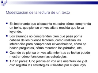 Modelización de la lectura de un texto
 Es importante que el docente muestre cómo comprende
un texto, que piense en voz alta a medida que lo va
leyendo.
 Los alumnos no comprenden bien qué pasa por la
cabeza de los buenos lectores, cómo realizan las
inferencias para comprender el vocabulario, cómo se
hacen preguntas, cómo resumen los párrafos, etc.
 Cuando se piensa en voz alta mientras se lee se puede
mostrar cómo funcionan las estrategias.
 TP en pares: Uno piensa en voz alta mientras lee y el
otro registra las estrategias utilizadas por el que leyó.
 