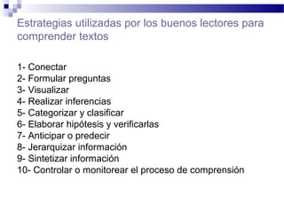Estrategias utilizadas por los buenos lectores para
comprender textos
1- Conectar
2- Formular preguntas
3- Visualizar
4- Realizar inferencias
5- Categorizar y clasificar
6- Elaborar hipótesis y verificarlas
7- Anticipar o predecir
8- Jerarquizar información
9- Sintetizar información
10- Controlar o monitorear el proceso de comprensión
 