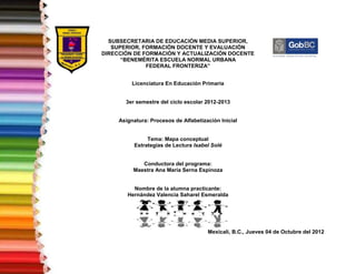 SUBSECRETARIA DE EDUCACIÓN MEDIA SUPERIOR,
   SUPERIOR, FORMACIÓN DOCENTE Y EVALUACIÓN
DIRECCIÓN DE FORMACIÓN Y ACTUALIZACIÓN DOCENTE
      “BENEMÉRITA ESCUELA NORMAL URBANA
              FEDERAL FRONTERIZA”


          Licenciatura En Educación Primaria


       3er semestre del ciclo escolar 2012-2013


     Asignatura: Procesos de Alfabetización Inicial


               Tema: Mapa conceptual
          Estrategias de Lectura Isabel Solé


             Conductora del programa:
          Maestra Ana María Serna Espinoza


          Nombre de la alumna practicante:
        Hernández Valencia Saharel Esmeralda




                                       Mexicali, B.C., Jueves 04 de Octubre del 2012
 