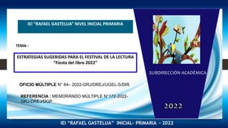 IEI “RAFAEL GASTELUA” INICIAL- PRIMARIA – 2022
IEI “RAFAEL GASTELUA” NIVEL INICIAL PRIMARIA
ESTRATEGIAS SUGERIDAS PARA EL FESTIVAL DE LA LECTURA
“Fiesta del libro 2022”
SUBDIRECCIÓN ACADÉMICA
TEMA :
OFICIO MÚLTIPLE N° 84– 2022-GRJ/DREJ/UGEL-S/DIR
REFERENCIA : MEMORÁNDO MÚLTIPLE N°172-2022-
GRJ-DREJ/DGP
 
