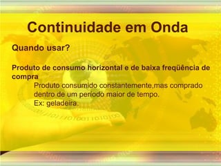 Continuidade em OndaQuando usar?Produto de consumo horizontal e de baixa freqüência de compraProduto consumido constantemente,mas comprado dentro de um período maior de tempo. Ex: geladeira.