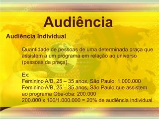 AudiênciaAudiência IndividualQuantidade de pessoas de uma determinada praça que assistem a um programa em relação ao universo (pessoas da praça).Ex:Feminino A/B, 25 – 35 anos, São Paulo: 1.000.000 Feminino A/B, 25 – 35 anos, São Paulo que assistem ao programa Oba-oba: 200.000200.000 x 100/1.000.000 = 20% de audiência individual