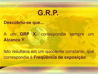 G.R.P.Descobriu-se que... A um GRP X, correspondia sempre um Alcance Y;Isto resultava em um quociente constante, que correspondia à Freqüência de exposição. 