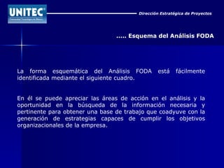 Dirección Estratégica de Proyectos ..... Esquema del Análisis FODA La forma esquemática del Análisis FODA está fácilmente identificada mediante el siguiente cuadro. En él se puede apreciar las áreas de acción en el análisis y la oportunidad en la búsqueda de la información necesaria y pertinente para obtener una base de trabajo que coadyuve con la generación de estrategias capaces de cumplir los objetivos organizacionales de la empresa. 