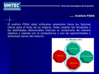 Dirección Estratégica de Proyectos ..... Análisis FODA El análisis FODA debe enfocarse solamente hacia los factores claves para el éxito de su negocio. Debe resaltar las fortalezas y las debilidades diferenciales internas al compararlo de manera objetiva y realista con la competencia y con las oportunidades y amenazas claves del entorno.  