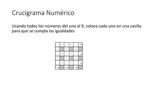 Crucigrama Numérico
Usando todos los números del uno al 9, coloca cada uno en una casilla
para que se cumpla las igualdades
 