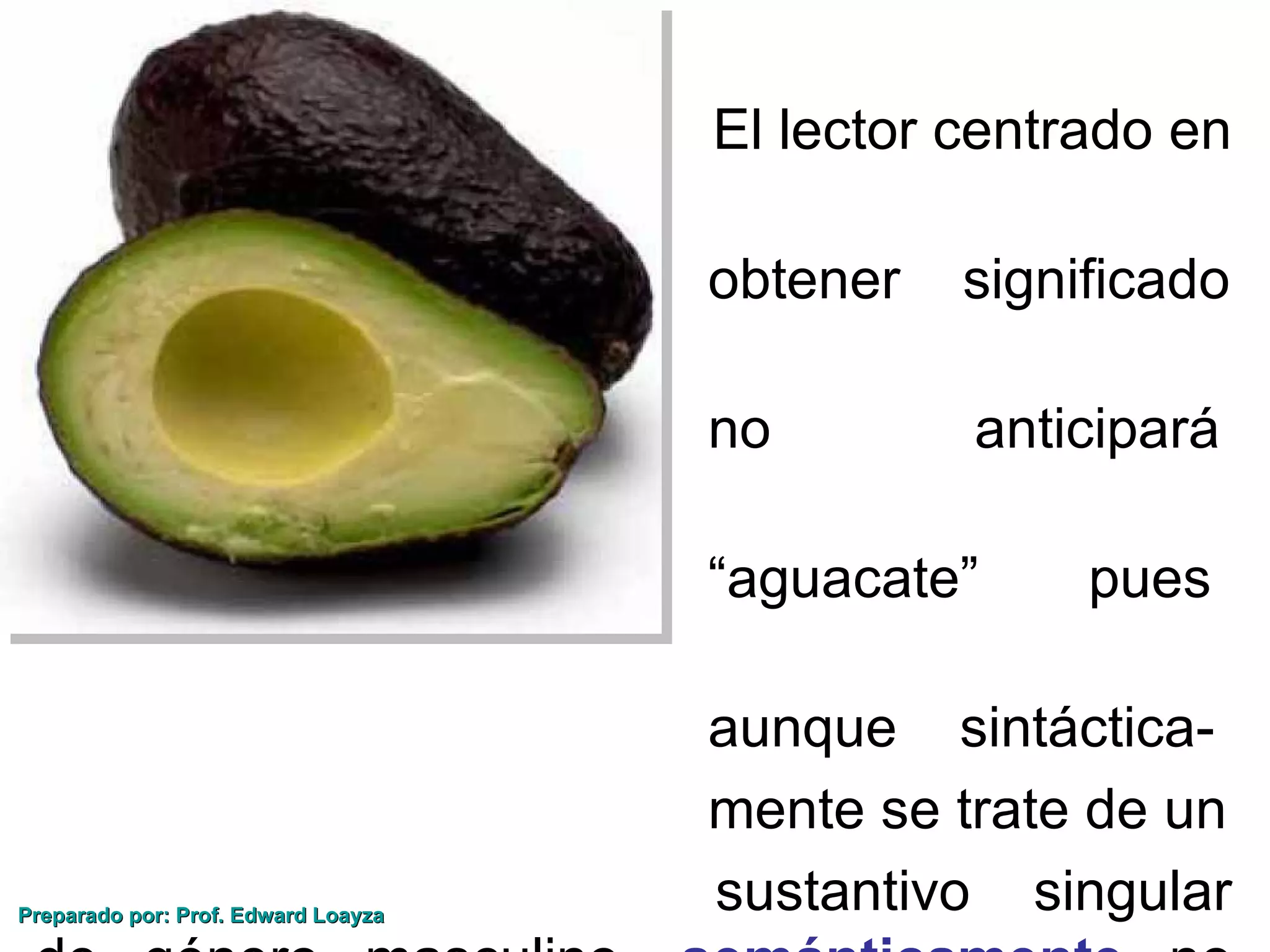 •                                        El lector centrado en

                                         obtener   significado

                                         no        anticipará

                                         “aguacate”     pues

                                         aunque sintáctica-
                                         mente se trate de un
    Preparado por: Prof. Edward Loayza
                                         sustantivo singular
 