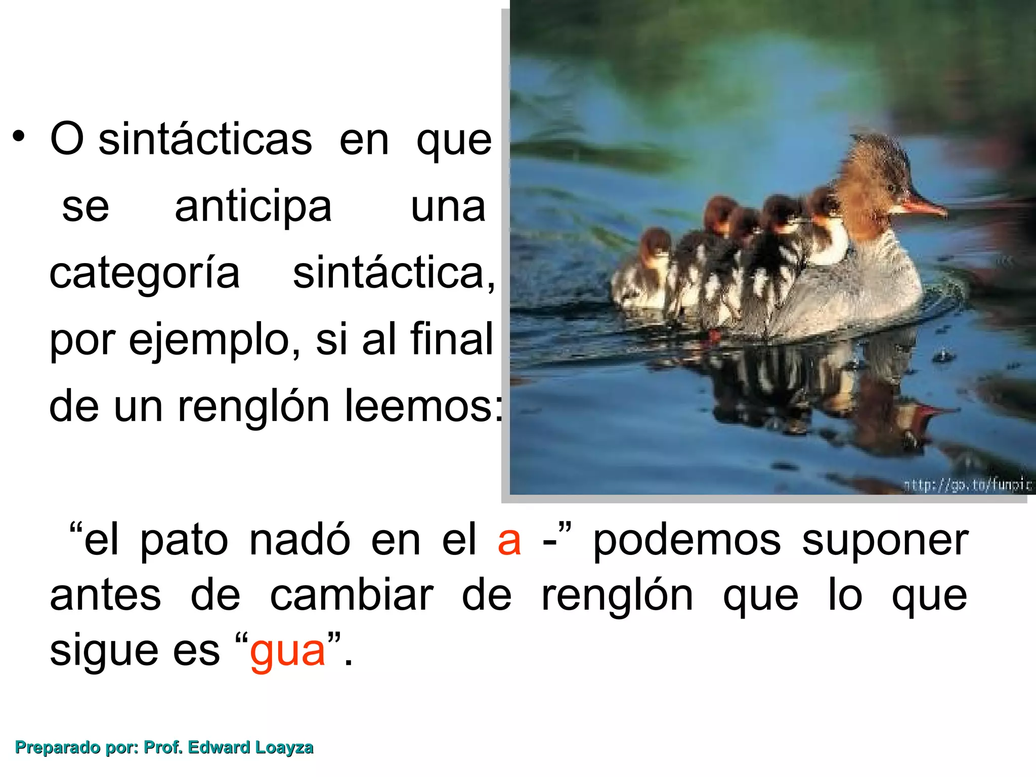 • O sintácticas en que
   se anticipa       una
  categoría sintáctica,
  por ejemplo, si al final
  de un renglón leemos:

    “el pato nadó en el a -” podemos suponer
   antes de cambiar de renglón que lo que
   sigue es “gua”.
Preparado por: Prof. Edward Loayza
 