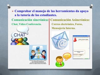  Comprobar el manejo de las herramientas da apoyo
a la tutoría de los estudiantes.
Comunicación sincrónica: Comunicación Asincrónica:
Chat, Video Conferencia. Correo electrónico, Foros,
Mensajería Interna.
 
