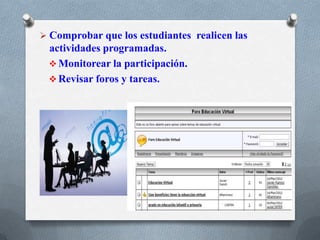  Comprobar que los estudiantes realicen las
actividades programadas.
 Monitorear la participación.
 Revisar foros y tareas.
 